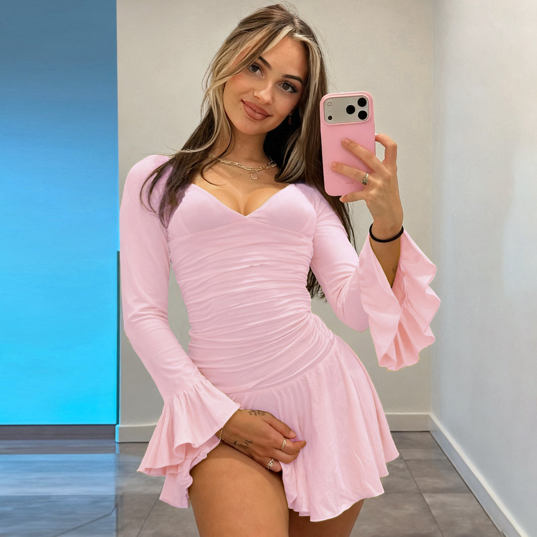 Damen nan tailliertes V-Ausschnitt Skaterkleid mit geraffter Taille und Volantärmeln Drune