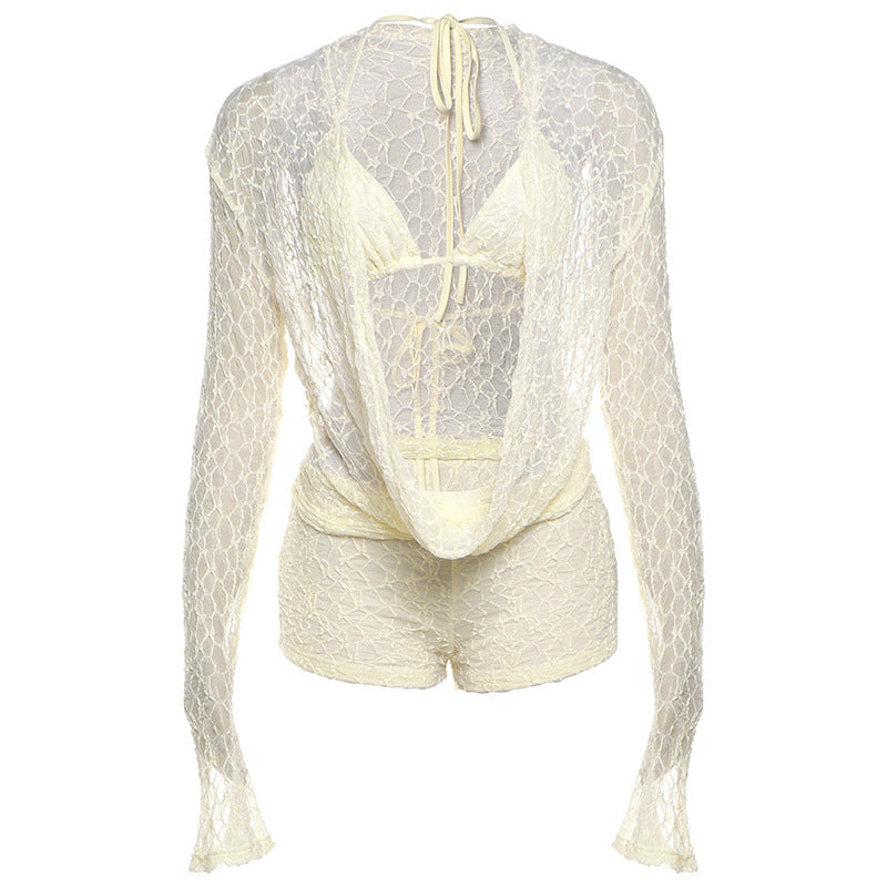 Damen Elegante und luftige Strandbekleidung mit transparenter Spitze Drune