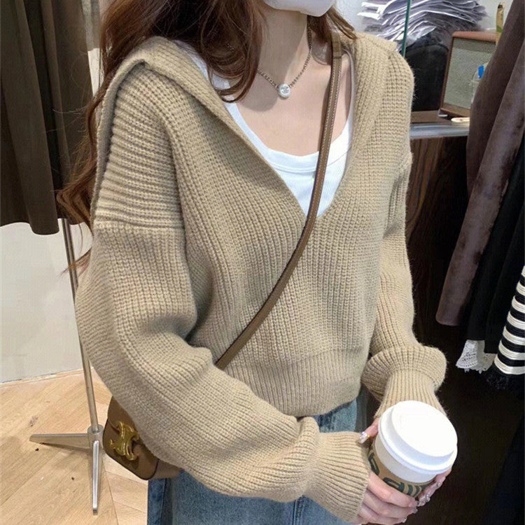 Damen kuscheliger V-Pullover mit Kapuze und Oversized-Schnitt Drune