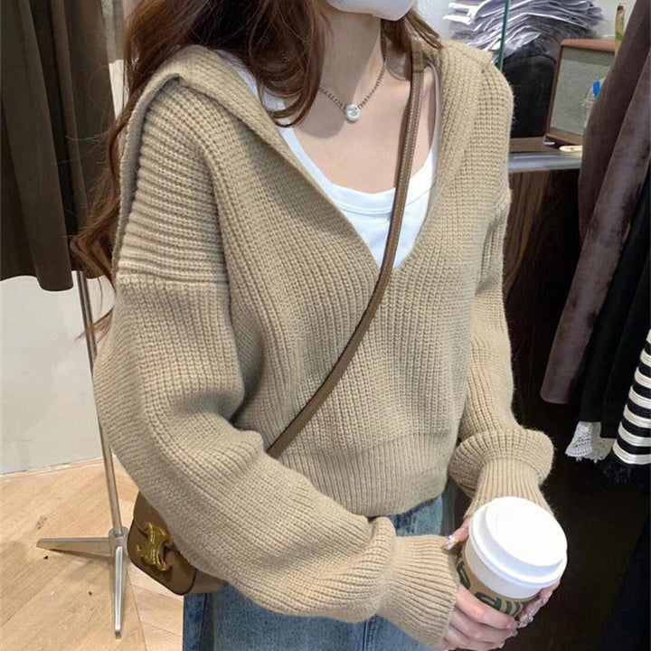 Damen kuscheliger V-Pullover mit Kapuze und Oversized-Schnitt Drune