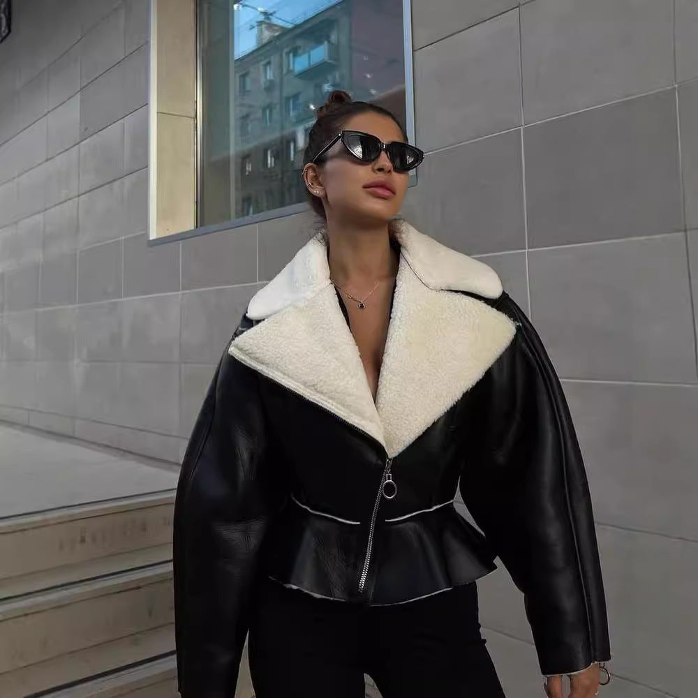 Damen trendige Kurzjacke mit flauschigem Innenfutter und Reißverschluss Drune