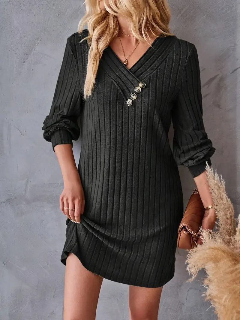 Damen Röhrenkleid mit elegantem V-Ausschnitt und dekorativen Knöpfen Drune
