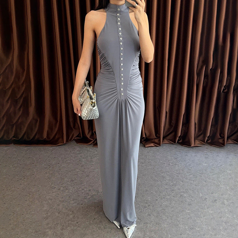 Damen Elegantes, figurbetontes Maxikleid mit hochgeschlossenem Ausschnitt und Knopfdetails Drune