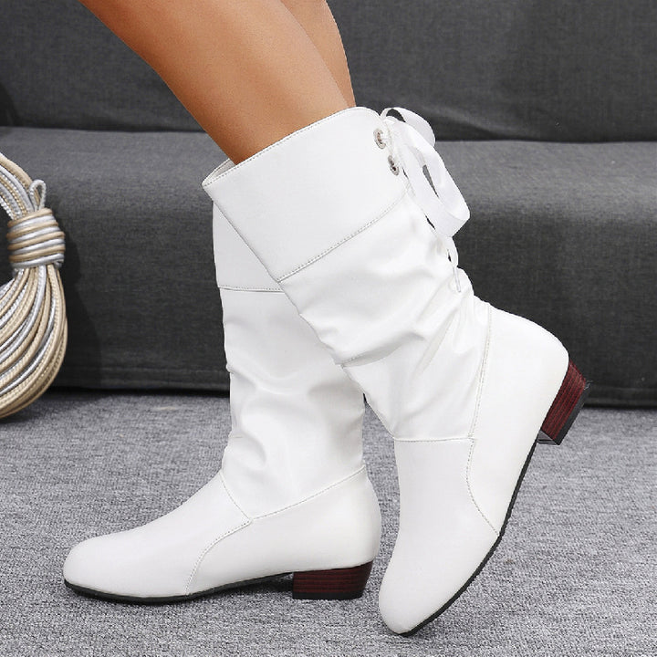 Damen nan midi Stiefel mit gerafftem Schaft, weichem Kunstleder und niedrigem Blockabsatz Drune