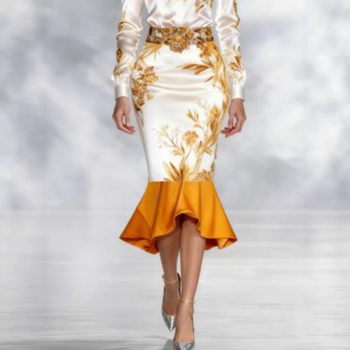 Damen Elegante Midi-Rock mit Blumenmuster und Volantabschluss Drune