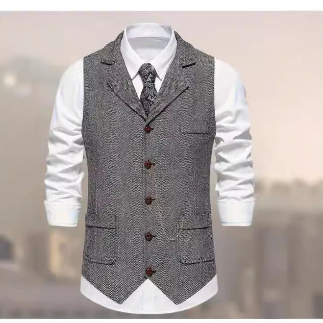 Herren nan Vintage-Weste mit Reverskragen Uhrenkette und Brusttasche Drune