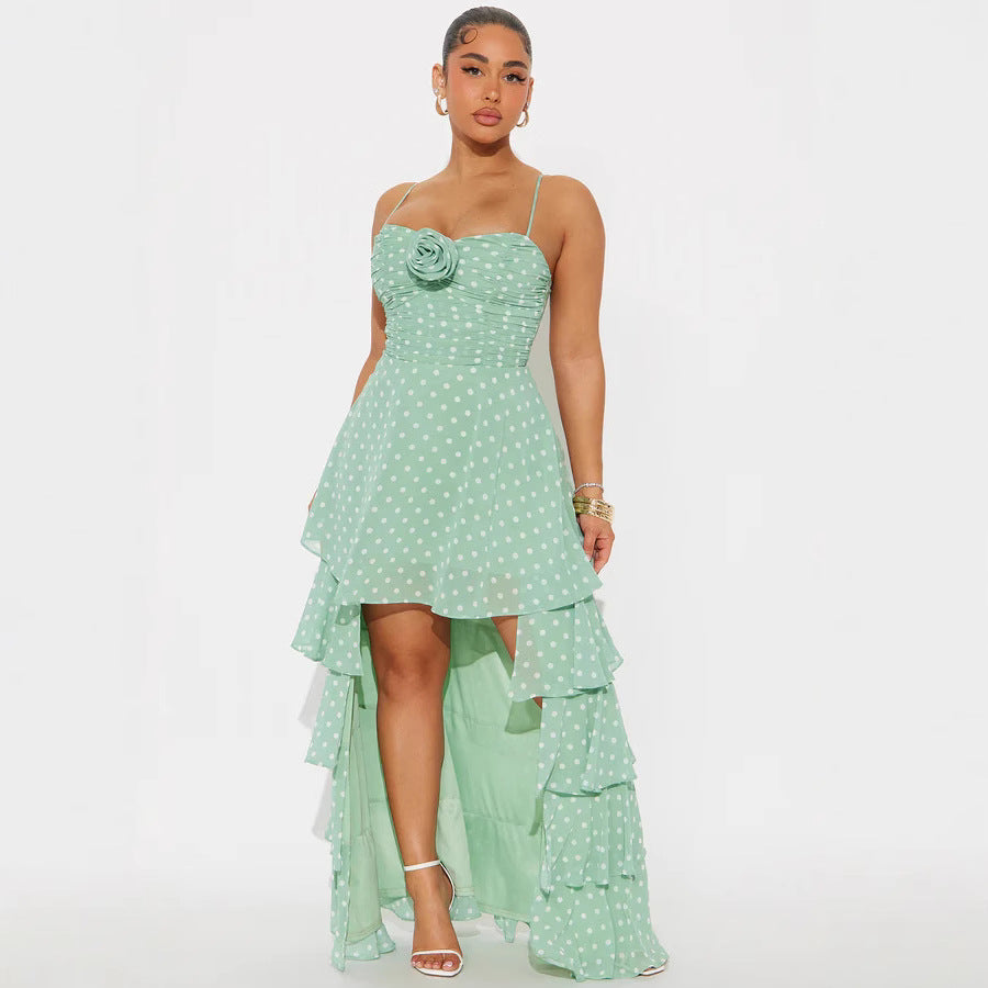 Damen Verspieltes Polka-Dots Maxikleid mit asymmetrischem Rock und floralen Akzenten Drune