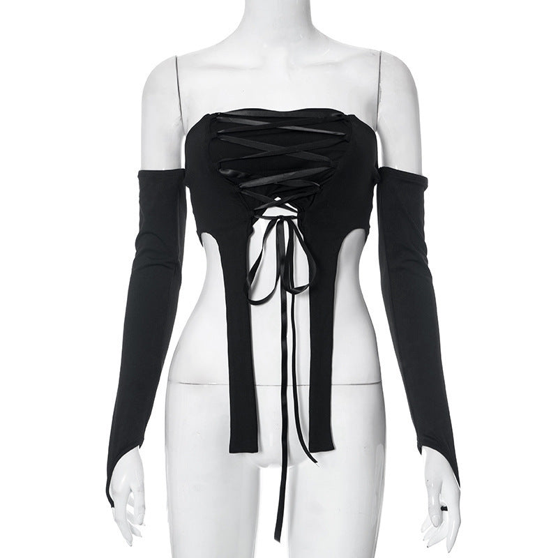 Damen elastisches Off-Shoulder Top mit aufwendiger Schnürung Drune