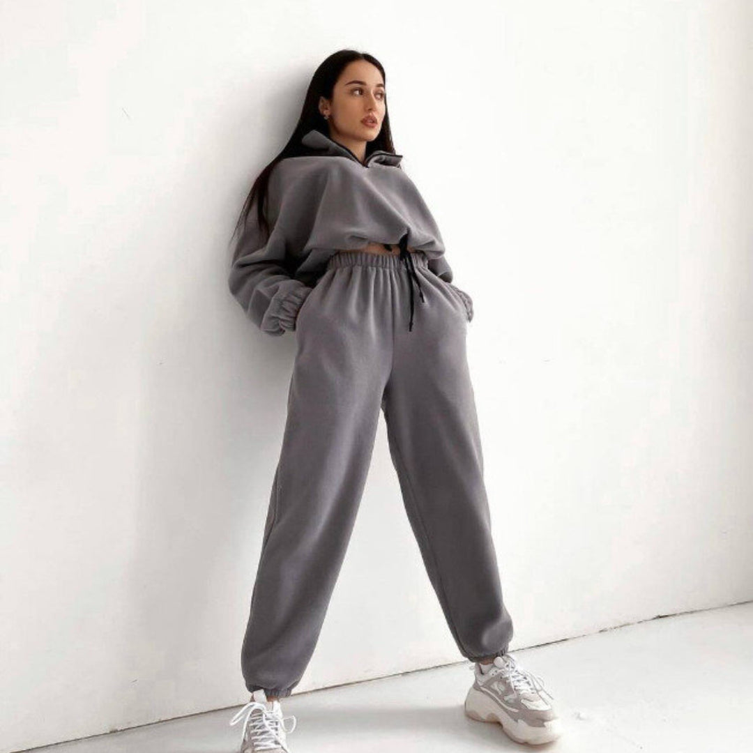 Damen komfortabler Fleece-Jogginganzug mit hohem Kragen und elastischen Bündchen Drune