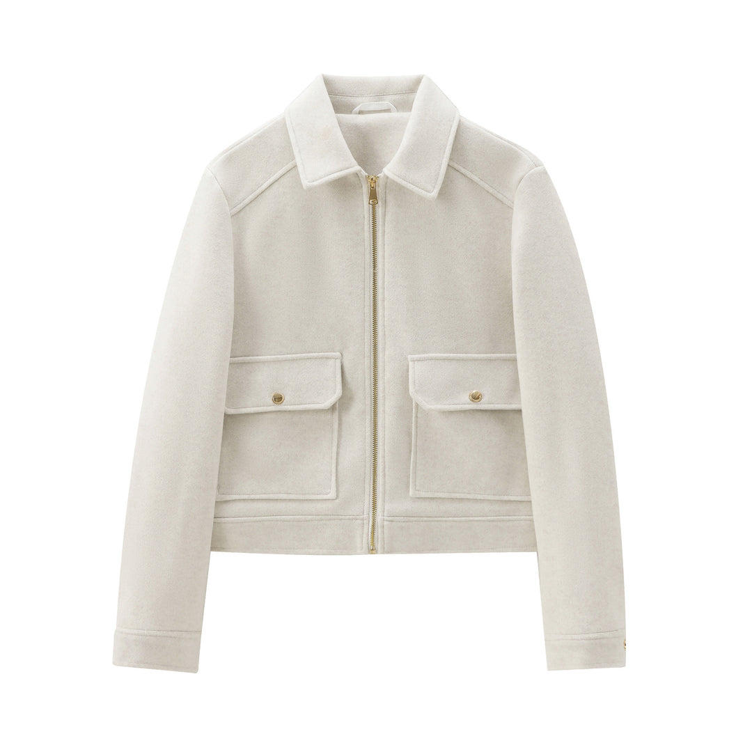 Damen nan kurze taillierte Tweedjacke mit durchgehendem Reißverschluss, aufgesetzten Pattentaschen und Kentkragen Drune