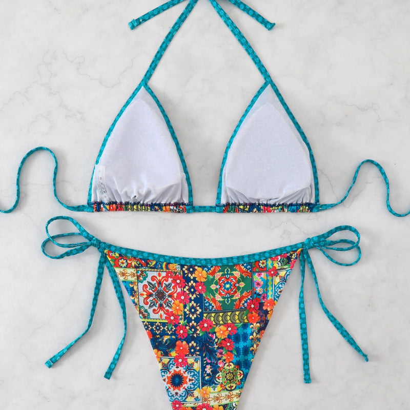 Damen Triangel-Bikini mit bunten Zierstichen und verstellbaren Bindebändern Drune