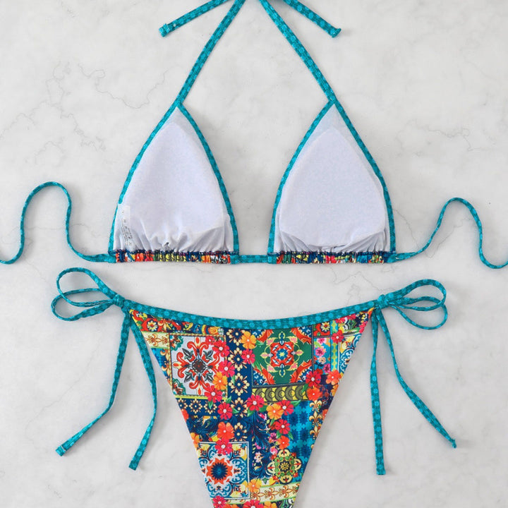 Damen Triangel-Bikini mit bunten Zierstichen und verstellbaren Bindebändern Drune