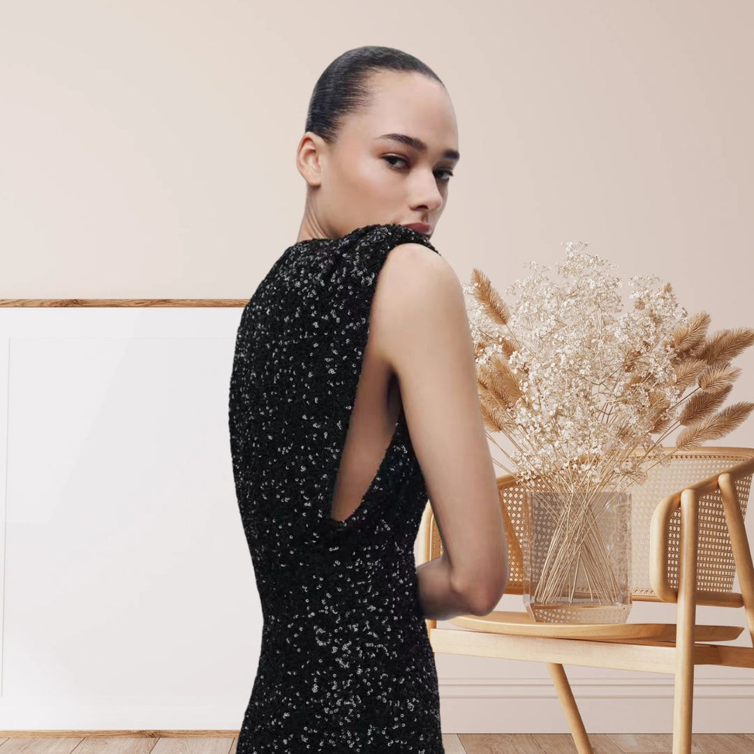 Damen Elegantes Cocktailkleid mit funkelndem Paillettendesign und hochgeschlossenem Stehkragen Drune