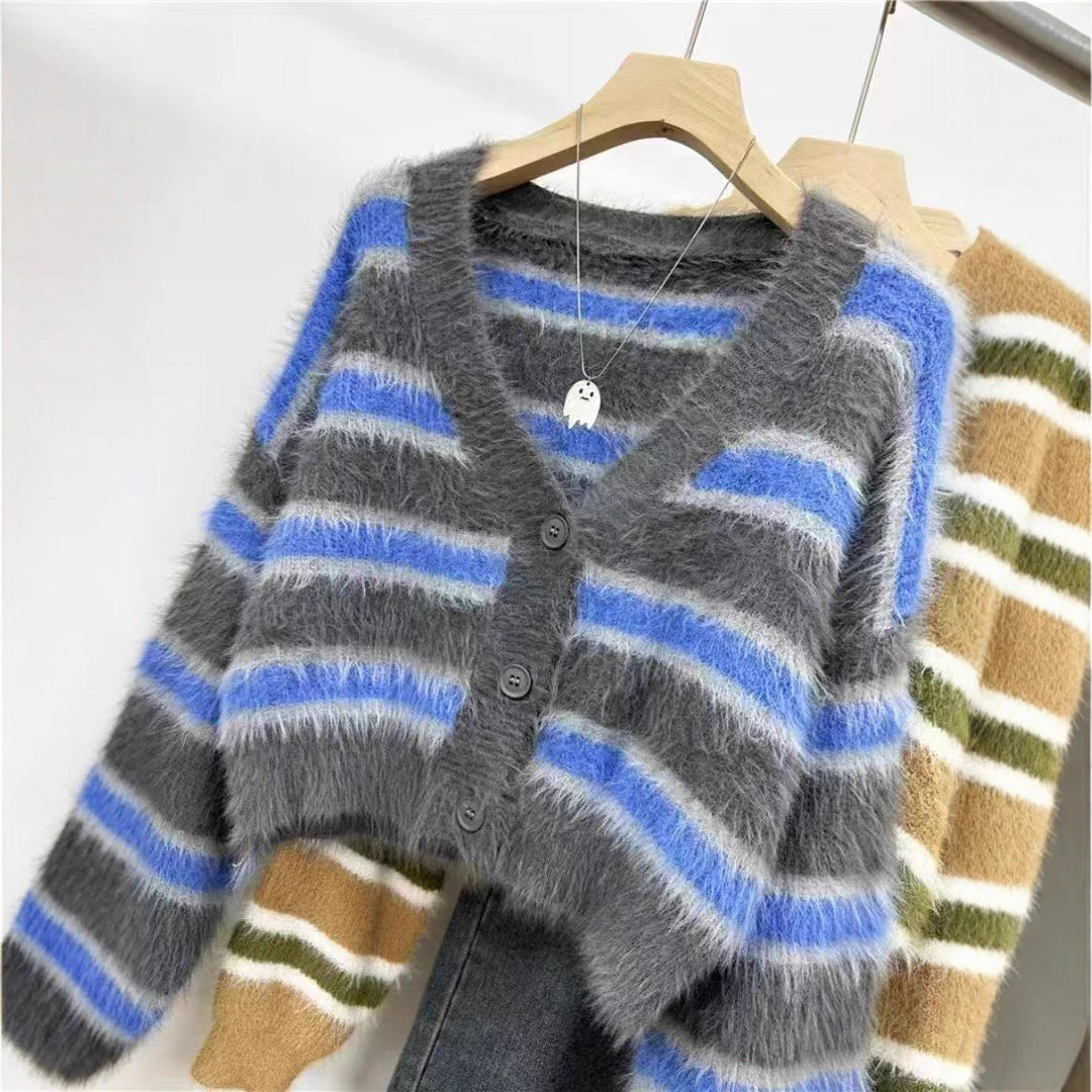 Damen lässiger Crop-Cardigan mit strukturiertem Streifenmuster und Knopfdetails Drune