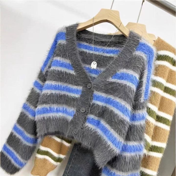 Damen lässiger Crop-Cardigan mit strukturiertem Streifenmuster und Knopfdetails Drune