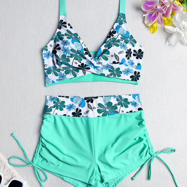 Damen Hochgeschnittenes Bikiniset mit floralem Oberteil und flexiblen Shorts Drune