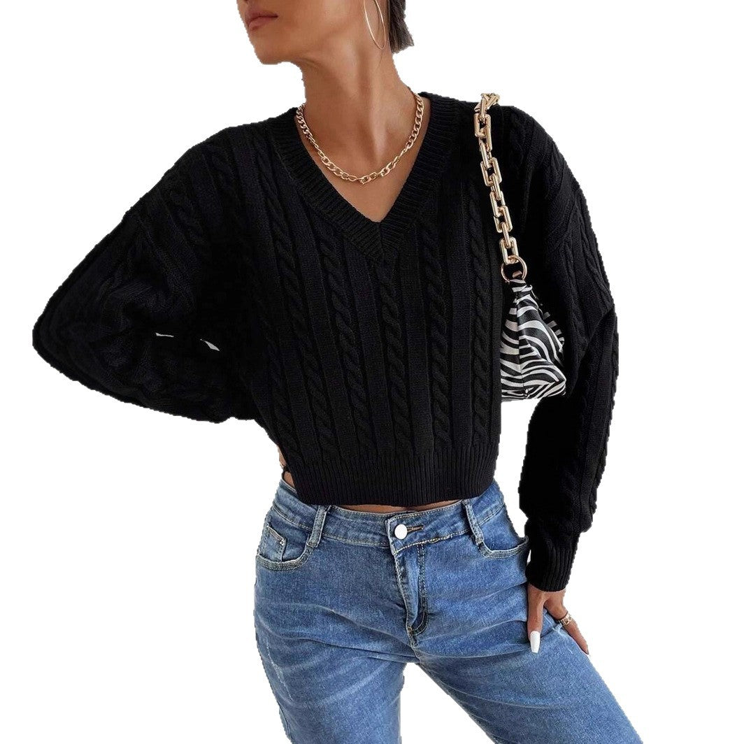 Damen Eleganter V-Ausschnitt Strickpullover mit strukturiertem Zopfmuster Drune