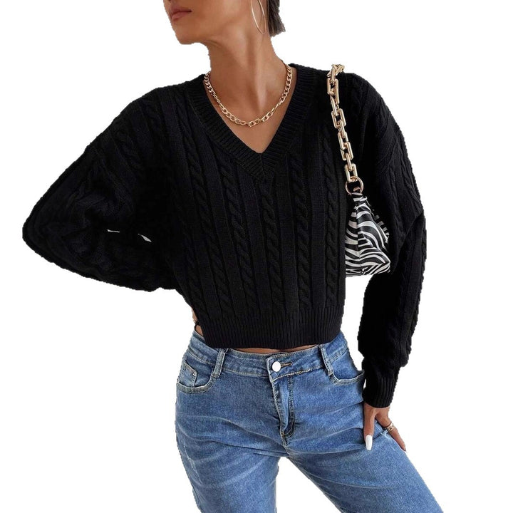 Damen Eleganter V-Ausschnitt Strickpullover mit strukturiertem Zopfmuster Drune