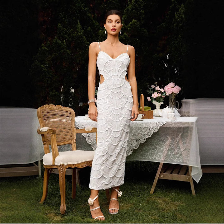 Damen Elegantes Midi-Kleid mit rückseitigen Cut-Outs und dekorativem Wellendesign Drune