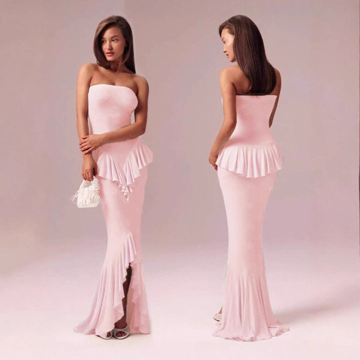 Damen Elegantes Bandeau Maxikleid mit Fransen Drune