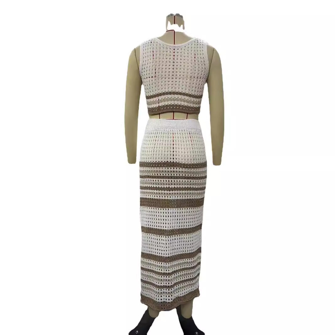 Damen elegantes gestricktes Zweiteiler-Set mit geometrischem Lochdesign Drune