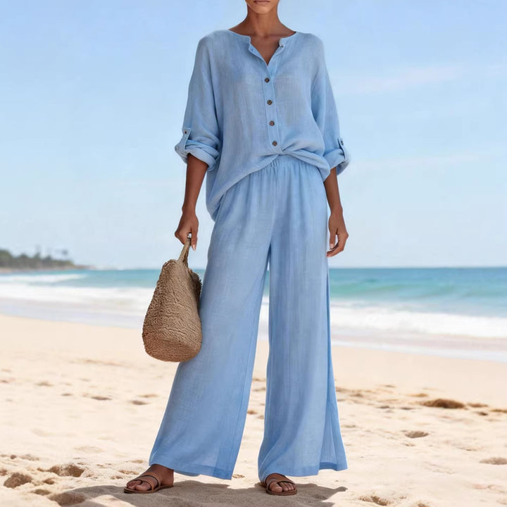 Damen Luftige Leinenbluse und weite Hose Drune