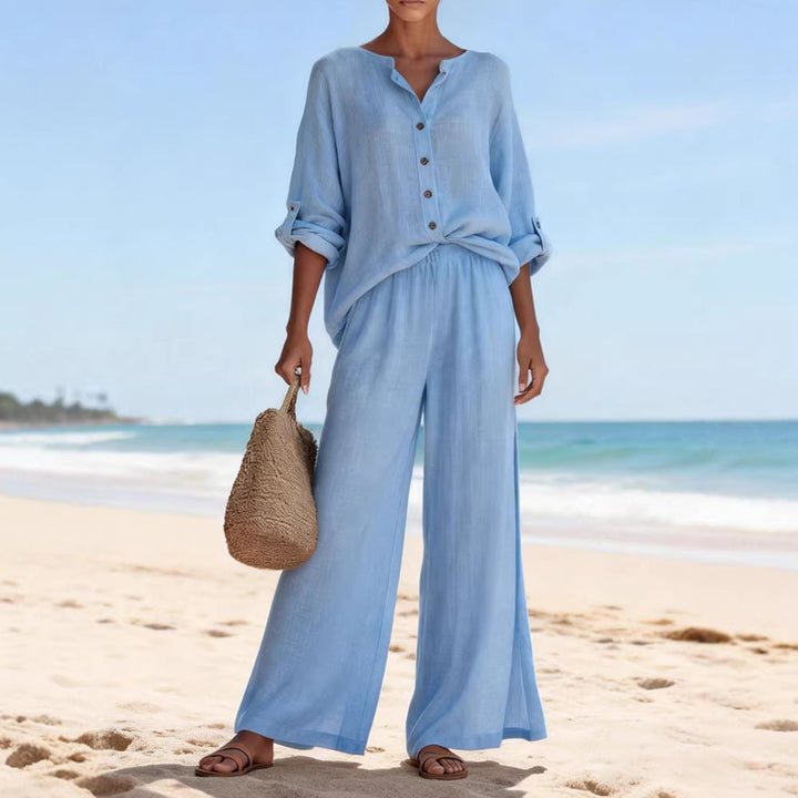 Damen Luftige Leinenbluse und weite Hose Drune