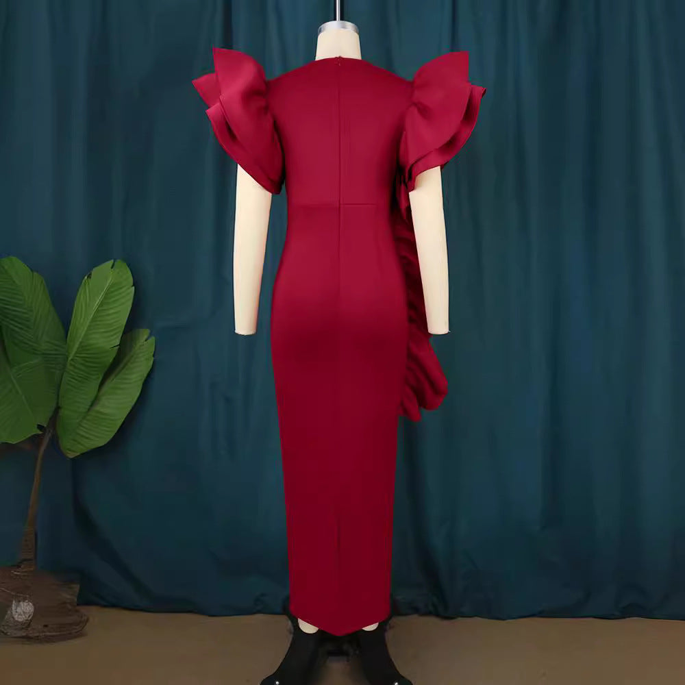 Damen figurumspielendes Abendkleid mit voluminösen Rüschenärmeln Drune