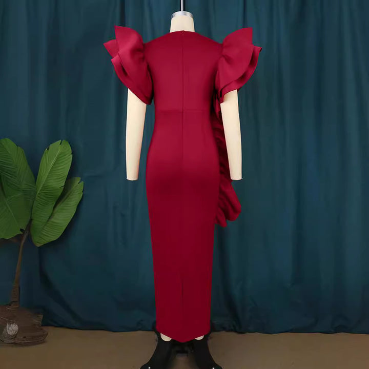 Damen figurumspielendes Abendkleid mit voluminösen Rüschenärmeln Drune