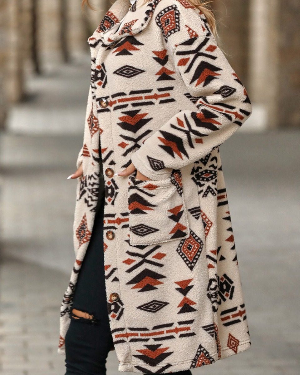 Drune | inspirierter langer Mantel - Blickfang Tribal-Print - Weiche Stoffmischung - Herbst- und Winter-Statement-Stück