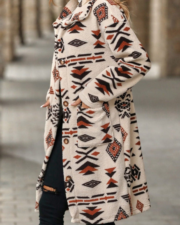 Drune | inspirierter langer Mantel - Blickfang Tribal-Print - Weiche Stoffmischung - Herbst- und Winter-Statement-Stück