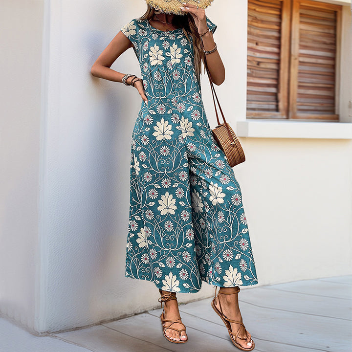 Damen Jumpsuit mit floralem Design und kastanienbraunem Bindegürtel Drune