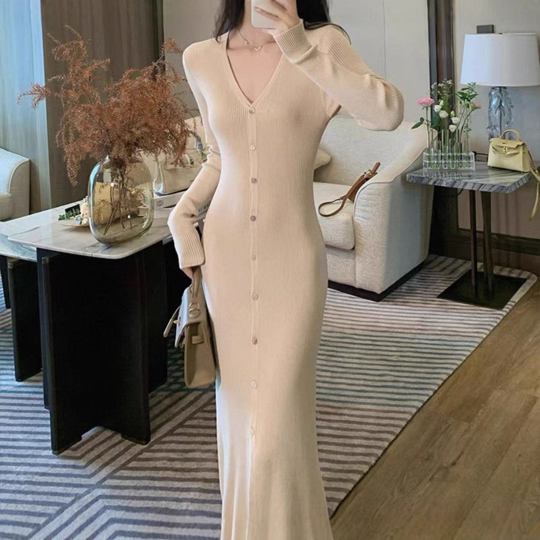 Damen Elegantes Maxikleid mit Knopfdetails und V-Ausschnitt Drune