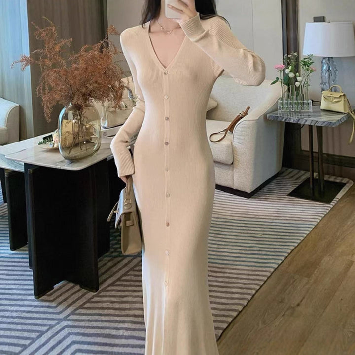 Damen Elegantes Maxikleid mit Knopfdetails und V-Ausschnitt Drune