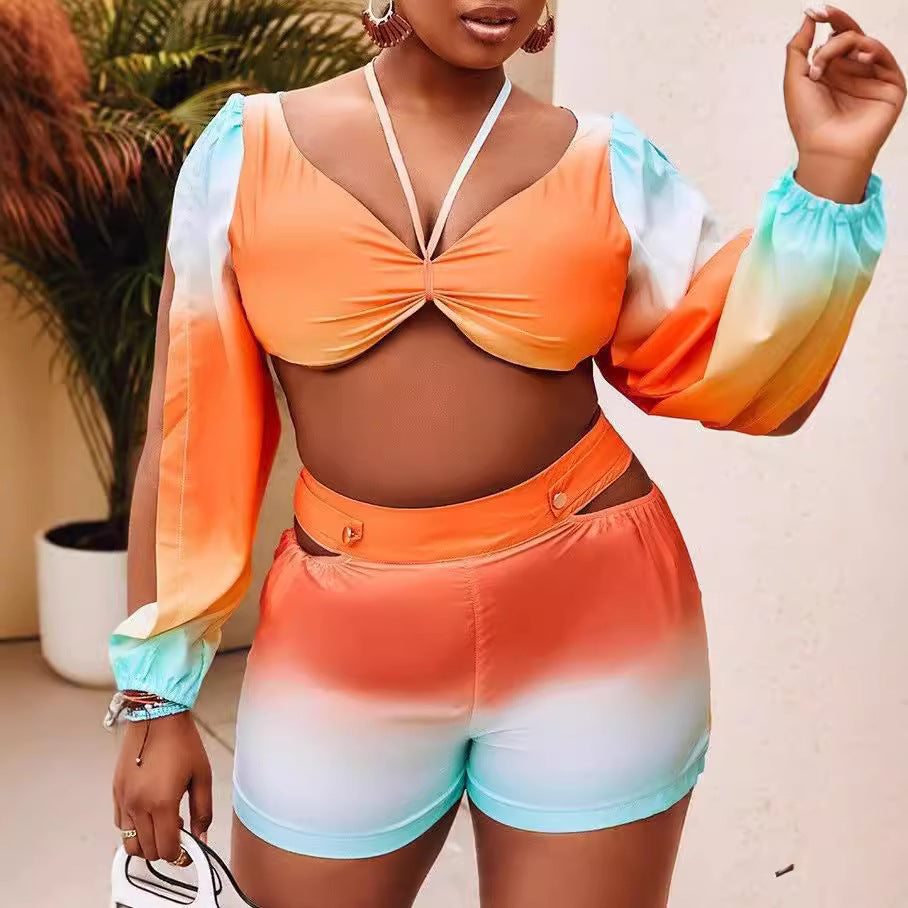 Damen cropped Top mit schulterfreien Ärmeln und farbverlaufendem Design Drune
