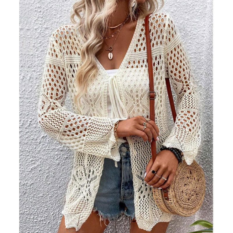 Damen Strick-Cardigan mit offenen Maschen und Binde-Detail Drune