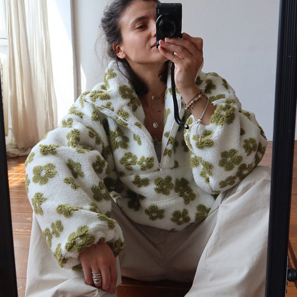 Damen lässiger Pullover mit Blumenmuster aus weichem Teddy-Stoff Drune