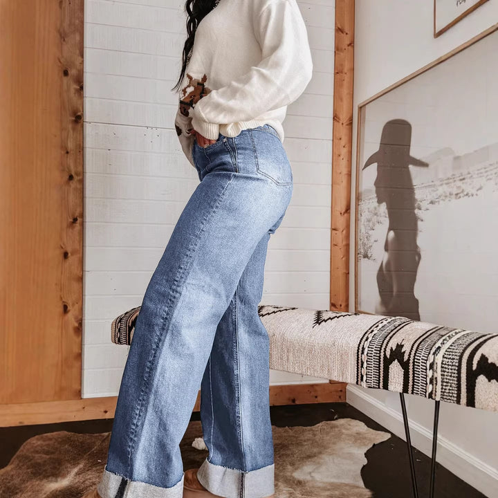 Damen weite High-Waist Jeans mit einzigartigen Kontrastnähten und lässigem Look Drune
