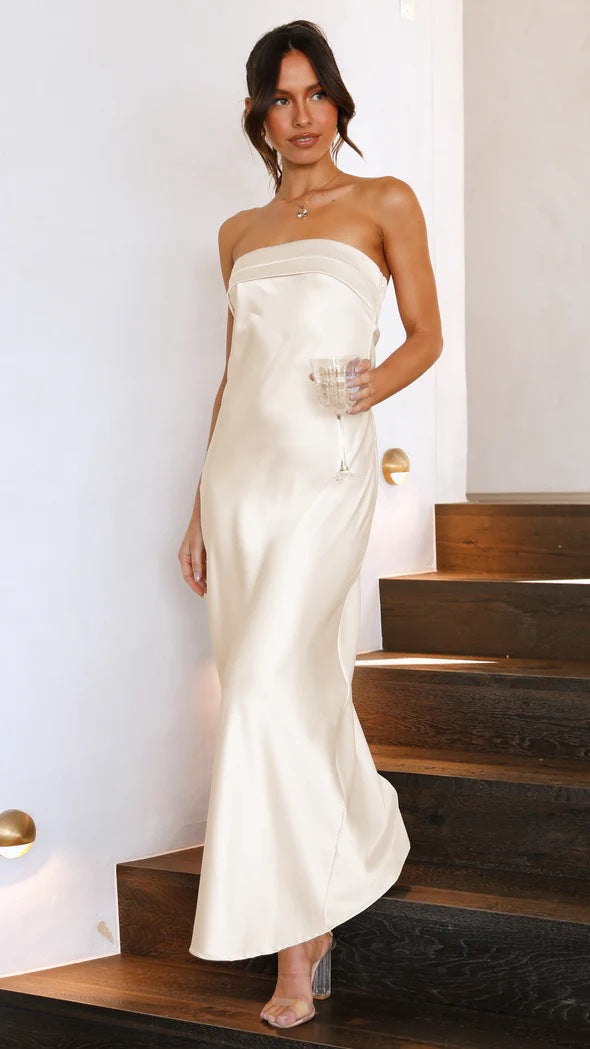 Drune | Frühling Sommer Elegante Socialite Satin Hohle Ausschnitt Rückenfrei Röhren Top Kleid Länge