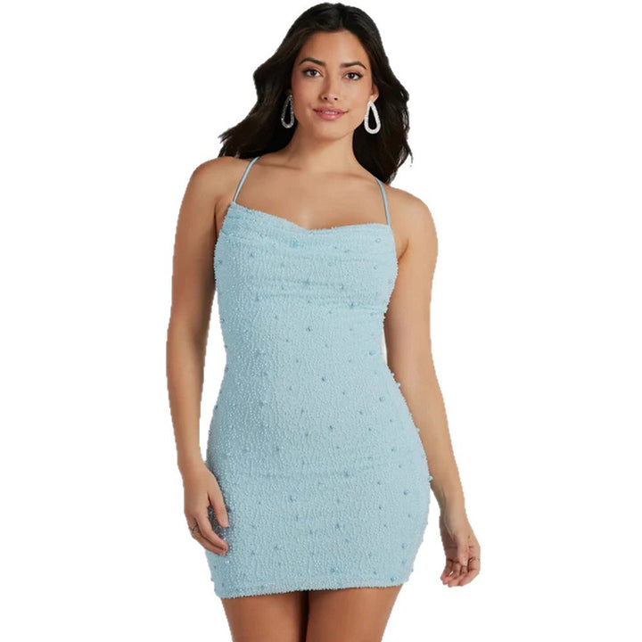 Damen Figurbetontes Minikleid mit schimmernden Perlen und Spaghettiträgern Drune