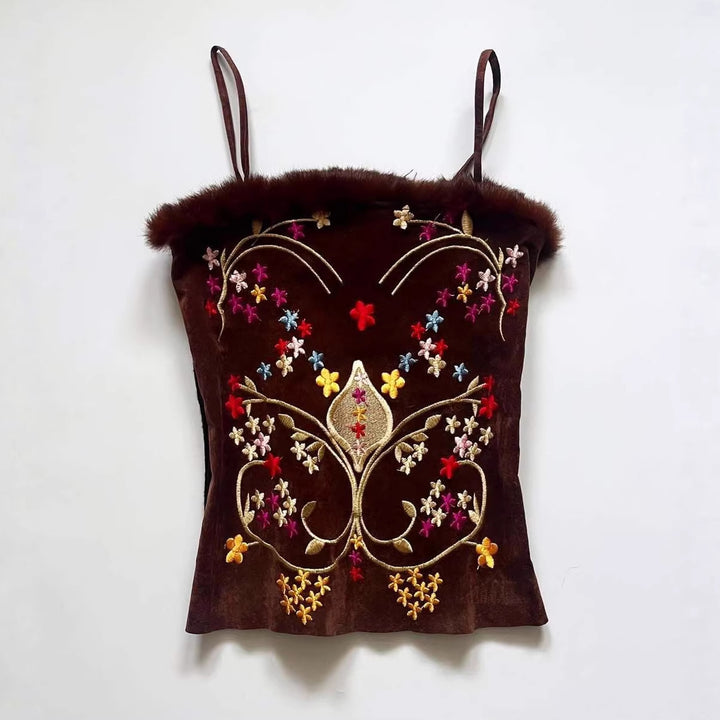 Damen Samt-Blusentop mit floralen Stickereien Drune