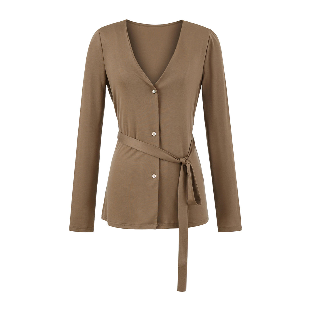 Damen elegante Strickjacke mit Taillengürtel und stilvollen Knopfdetails Drune