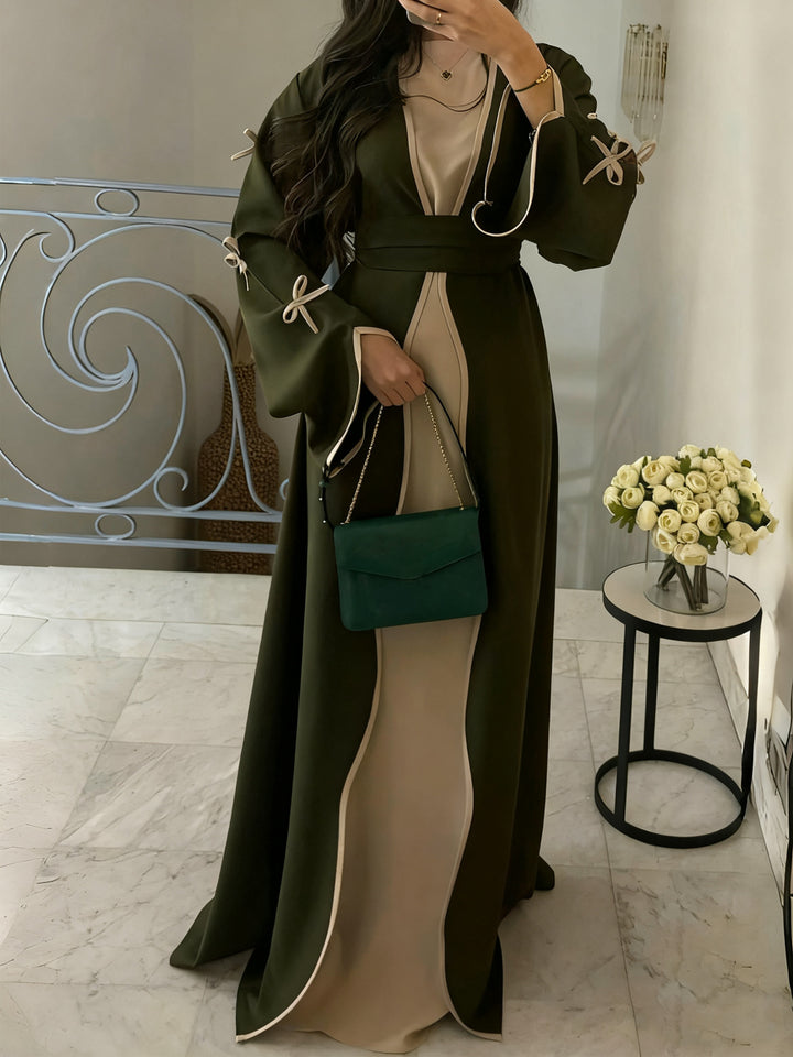 Damen nan elegante Abaya-Kaftan mit weitem Trompetenärmel, kontrastierender Passe und Wickelgürtel Drune