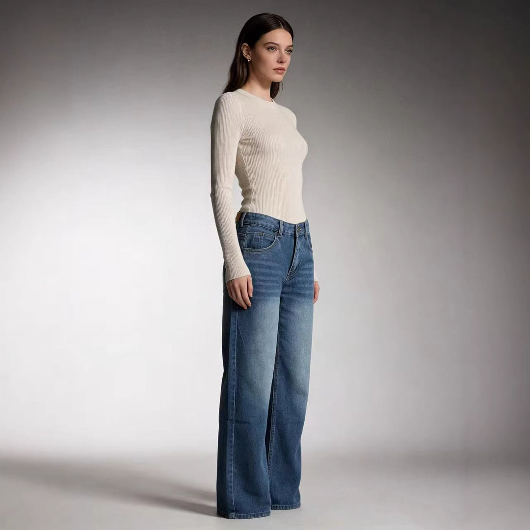 Damen nan hochgeschnittene Weitbein-Jeans mit tonaler Seitennaht und verwaschenem Verlauf Drune