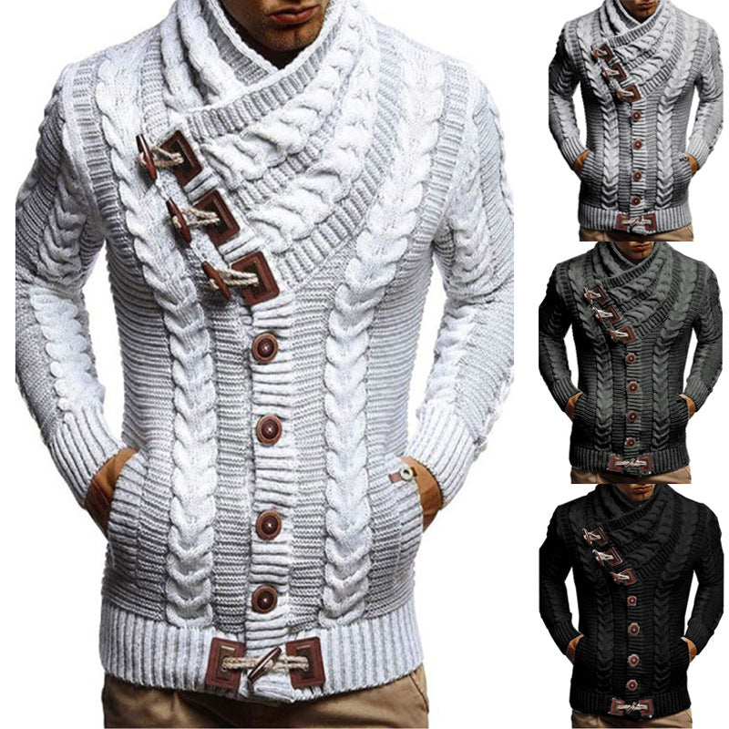 Herren Grobstrickjacke mit kreativem Schalkragen und Knopfdetails Drune