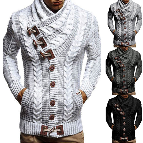 Herren Grobstrickjacke mit kreativem Schalkragen und Knopfdetails Drune