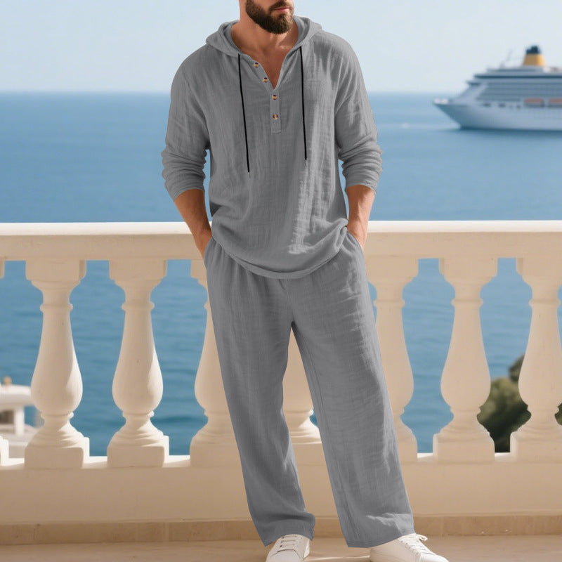 Herren lässiges Leinen-Hoodie-Set mit praktischen Taschen und entspannter Passform Drune