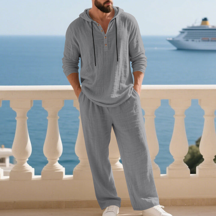Herren lässiges Leinen-Hoodie-Set mit praktischen Taschen und entspannter Passform Drune