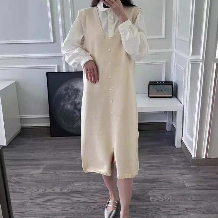 Damen Knielanges Strickkleid mit Knopfleiste und V-Ausschnitt Drune