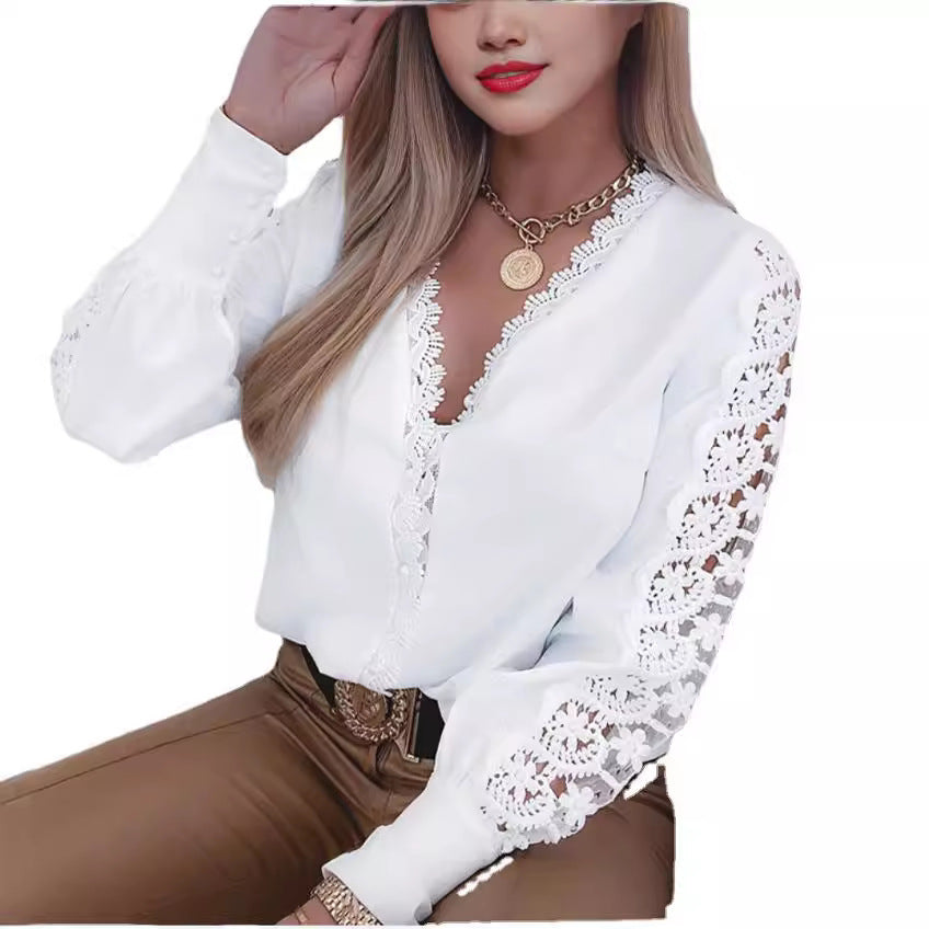 Damen elegante Bluse mit Spitzenapplikationen und V-Ausschnitt Drune